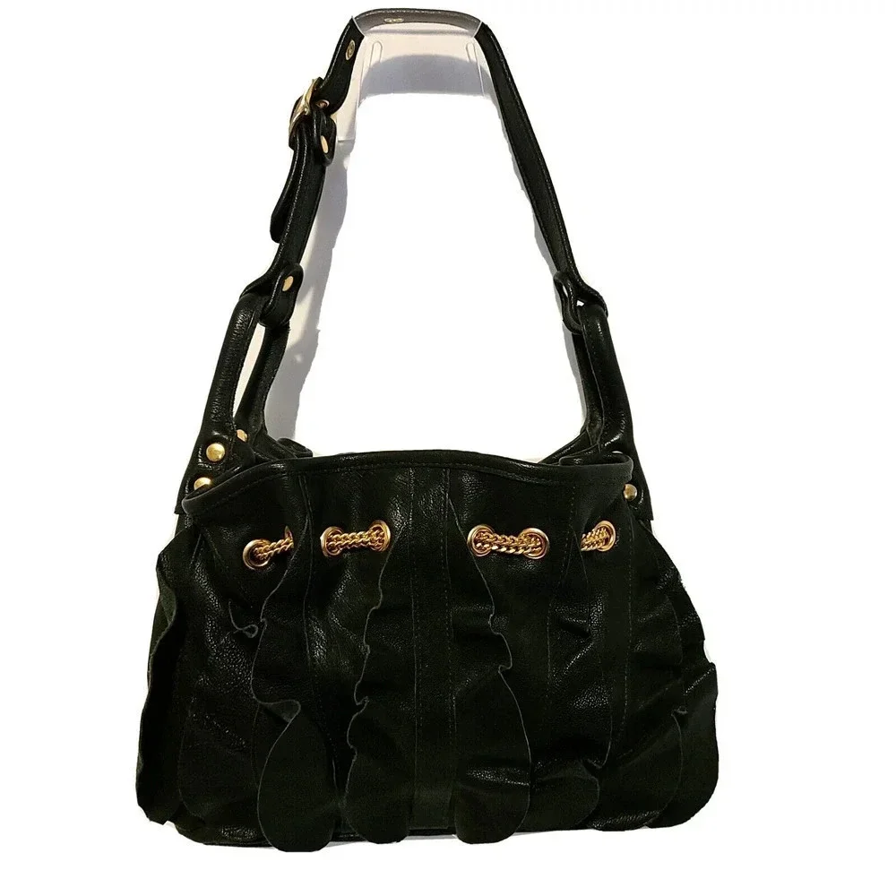 WOMEN'S Be & D HOBO SHOULDER BAG BLACK LEATHER WITH RUFFLES AND CHAIN MADE USA